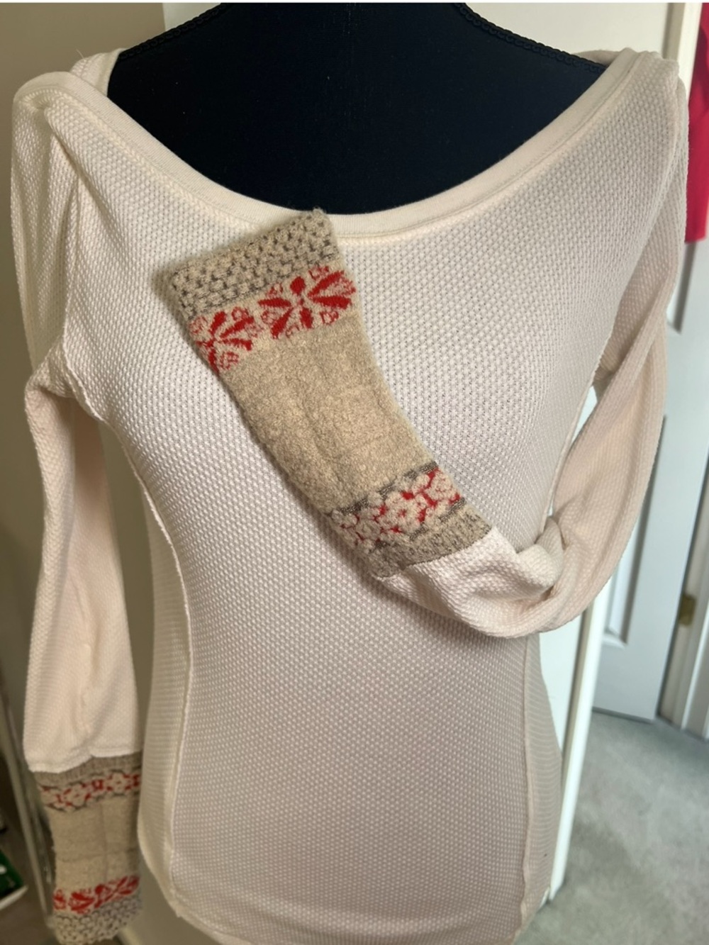 Free People Cozy Cream Waffle Thermal Top with Knit Cuff Detail